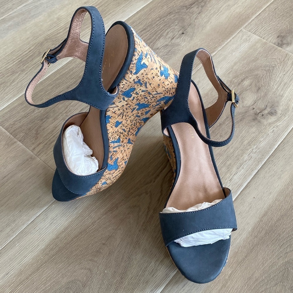 Anthropologie Arden Denim Blue Cork Platform Wedge Leather Sandals Size 9 - Picture 2 of 10